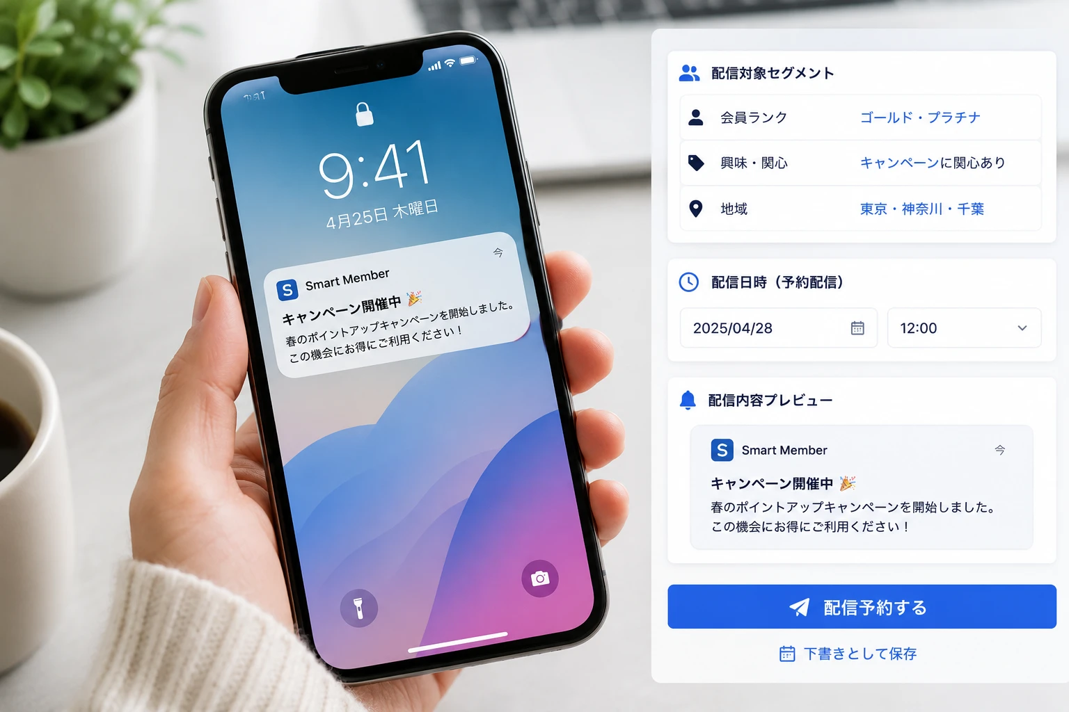通知作成から配信予約までの管理画面イメージ