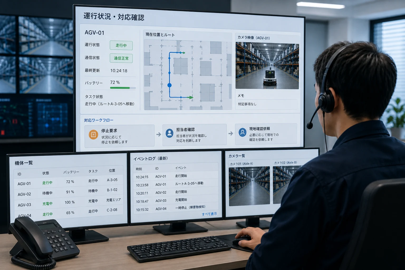複数の移動体のルートと運行状況を監視する画面のイメージ