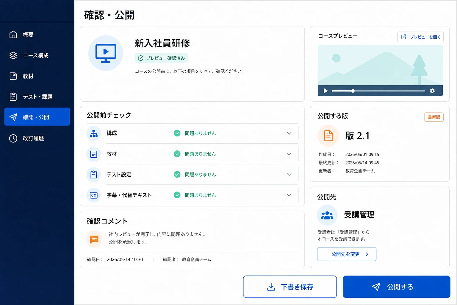 学習コースを確認・改訂して受講管理へ公開する画面のイメージ