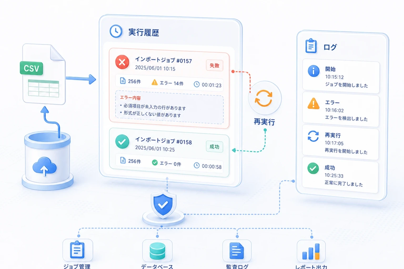 CSV処理の実行結果とエラー履歴を確認する場面のイメージ