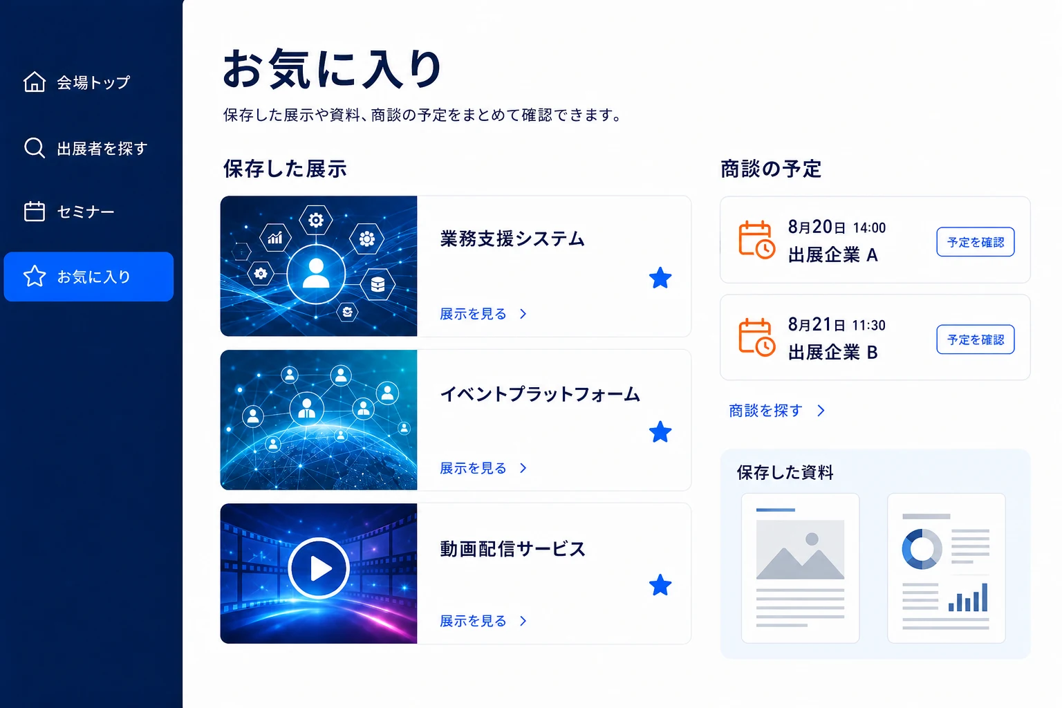 お気に入りの展示や保存した資料、商談予定を確認する利用画面のイメージ