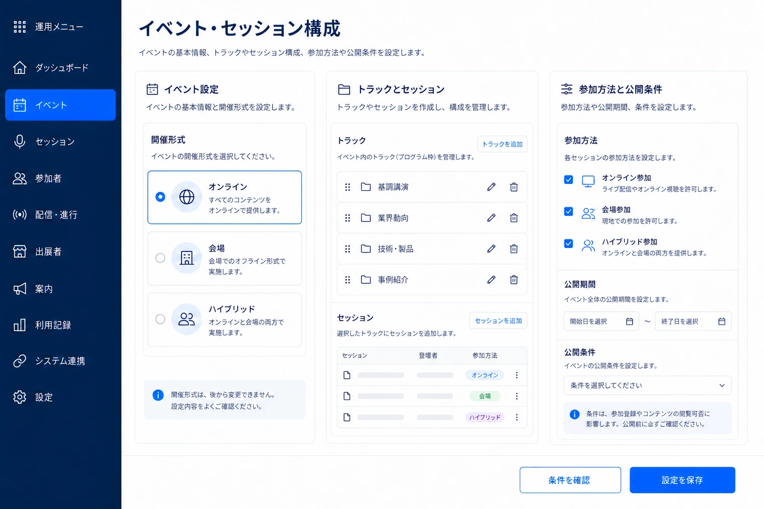 複数セッションのアジェンダと参加導線を管理する画面イメージ