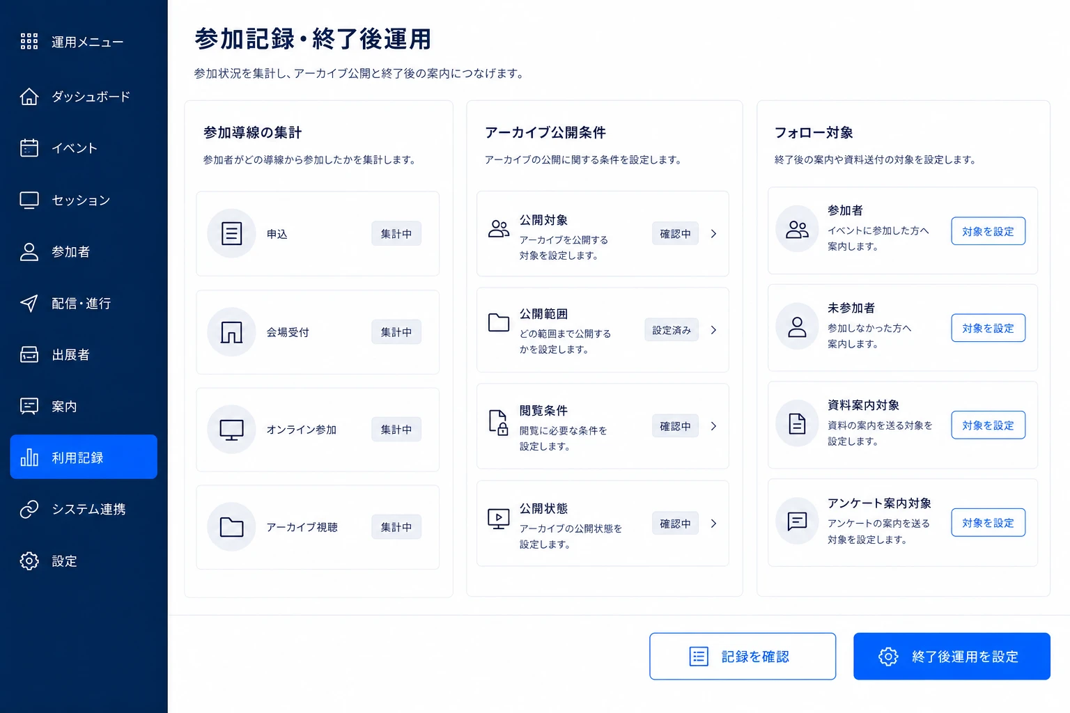 参加記録とアーカイブ、終了後の案内をつなぐ画面イメージ