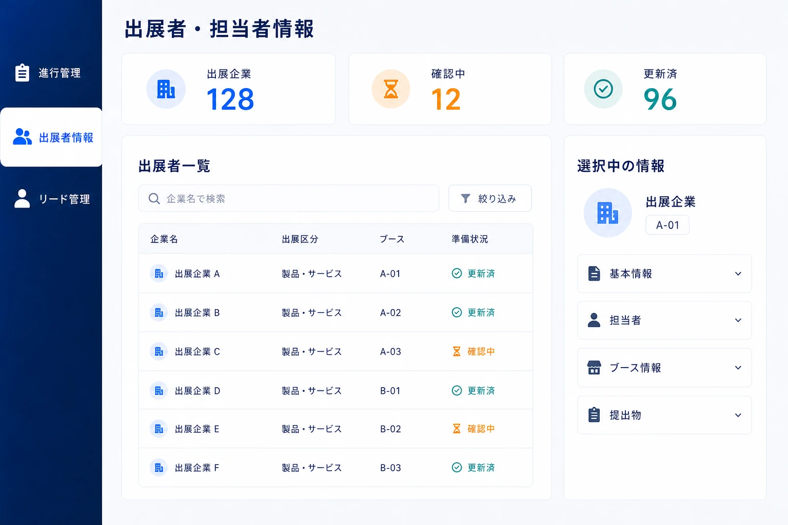 出展企業ごとの担当者、ブース、提出物、連絡履歴を管理する画面のイメージ