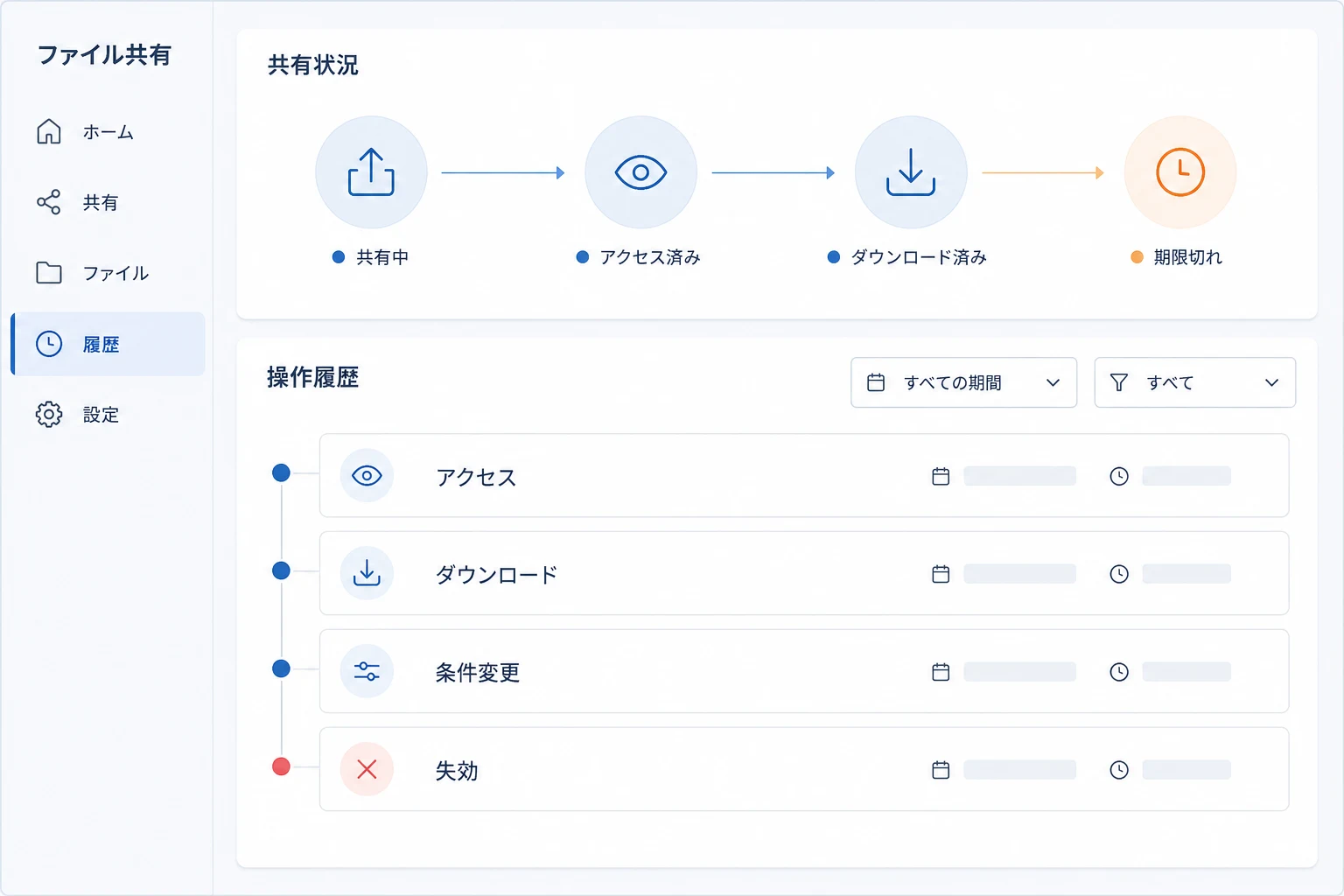 ファイルの受領状況とアクセス履歴を確認する画面のイメージ