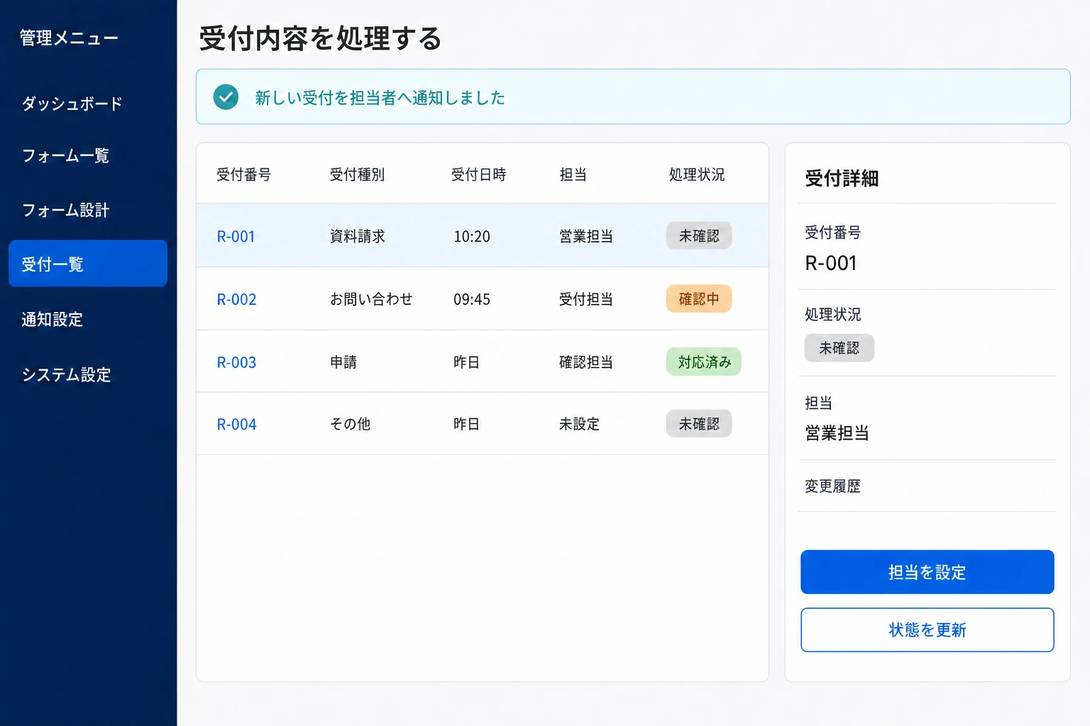 受付内容の担当と処理状況を管理する画面のイメージ
