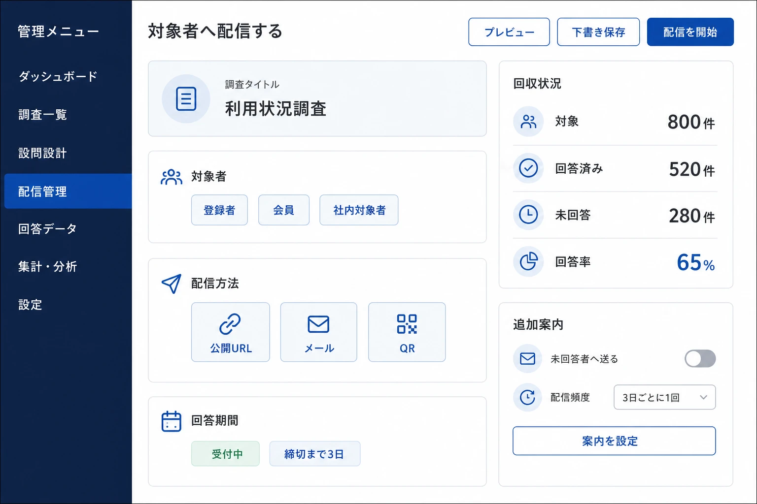 対象者と回答期間を設定しアンケートを配信する画面のイメージ