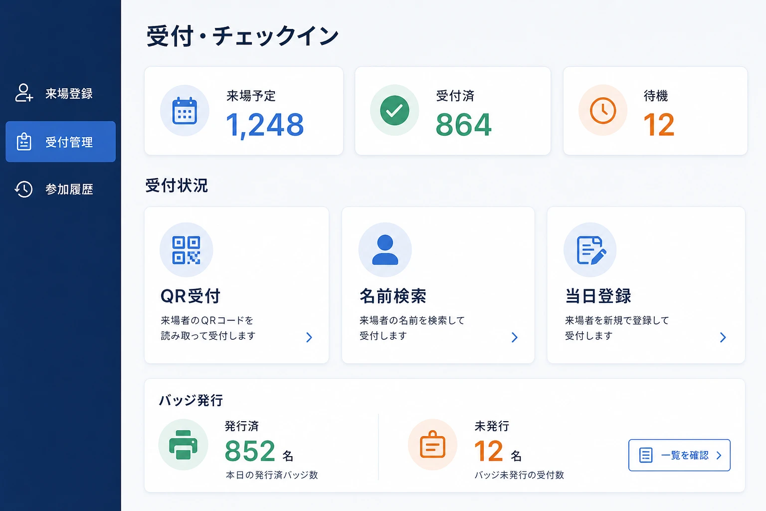 来場受付とチェックイン、バッジ発行の進行を管理する画面のイメージ