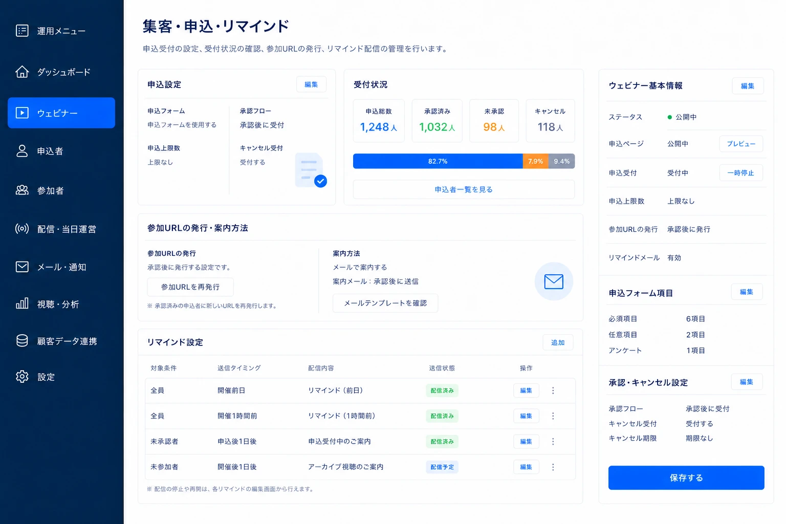 登録LPやフォーム、参加URLの発行、リマインドを管理する画面イメージ