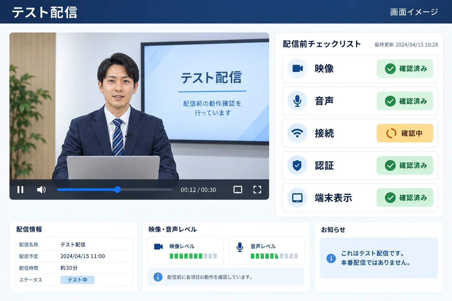 本番前に映像・音声・接続・認証・端末表示を確認するテスト配信画面のイメージ