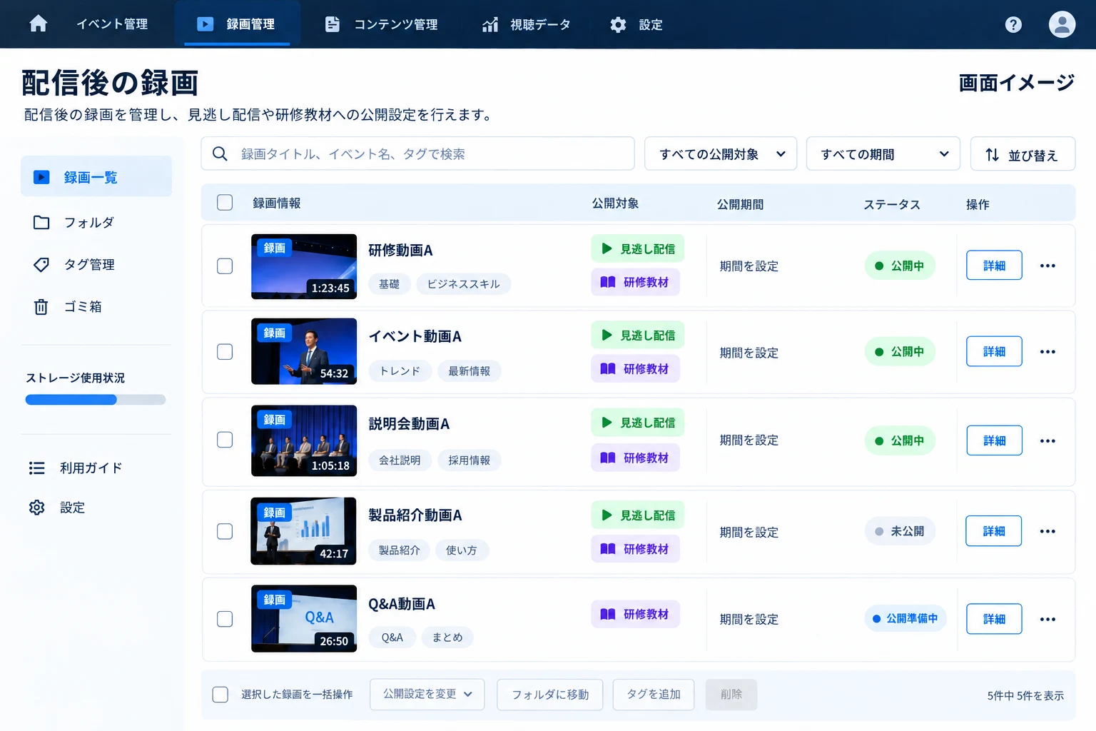 配信後の録画を整理し、見逃し配信や研修教材として公開する画面のイメージ